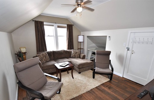 Vernon Apartment | Bright One Bedroom Suite Has Peaked Ceilings with Tons of Character