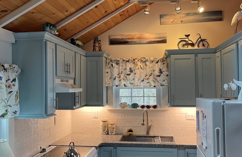 Truro Cottage | NEW KITCHEN BLUE CABINET, BACK SLASH, GRANITE COUNTERS, OUTSIDE RAIN SHOWER.