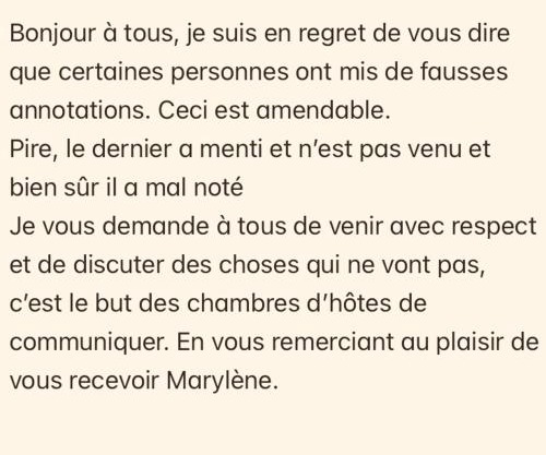 CHEZ MARYLENE Mon tarif quarante huit euros sans site ici Tarifs chambre plus frais du site plus taxes France vingt huit Euros sur place à votre arrivéeNoté et accepté par les bureaux à lire et accepter avant explication réservation
