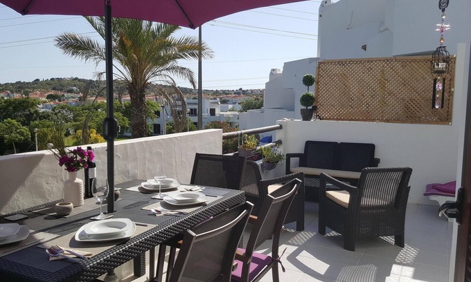 Alpouvar Apartment | 4 ☆ resort in Albufeira . 2 BR 2 Bath ,Large terrace View of pool & gardens