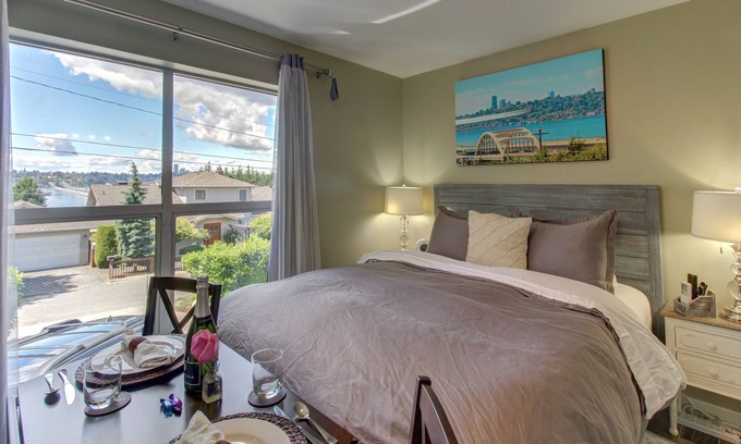 Mercer Island Apartment | Cozy suite with lake and city views, hot tub, near parks, shopping, & dining