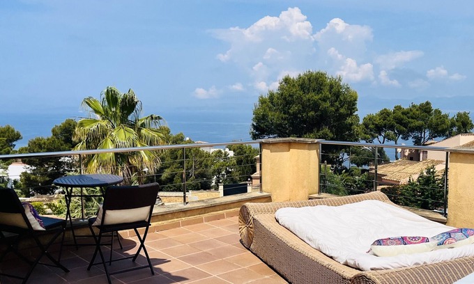 Badia Gran Villa | Design Villa Bahia Azul, roof terrace with panoramic sea view, nice garden, pool