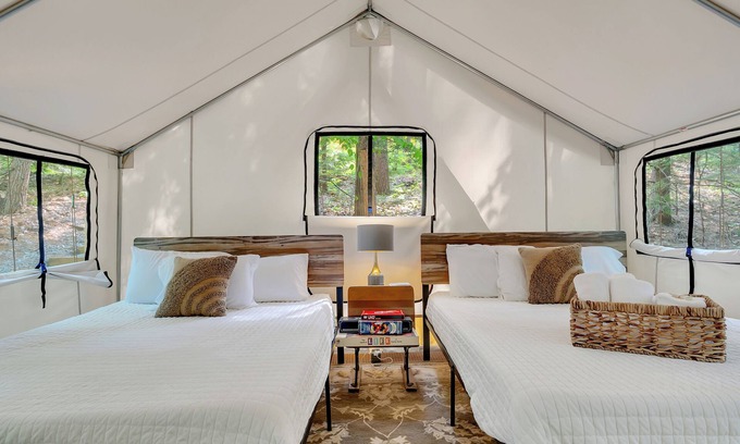 Middle Grove RV Rental | Dog-friendly glamping near Saratoga with electricity, comfy beds, and access to trails and pond.