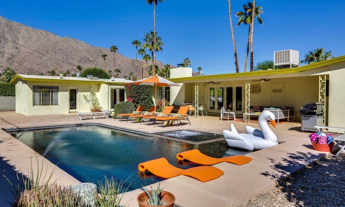 Tahquitz River Estates House | Retro Retreat! Midcentury! 3 Masters! Pool! Spa! Mtn Views! Walk to Downtown PS!