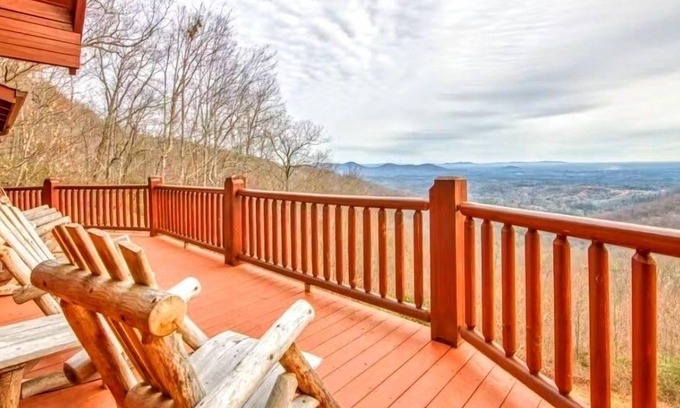 Lake Lure Cabin | Rustic mountain-view home with deck, fire pit, hot tub, fireplace, & game room
