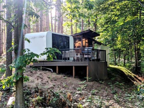 Sears House | Secluded Modern Tiny House with Wood-Fired Hot Tub Near Trails in Sears, Michigan