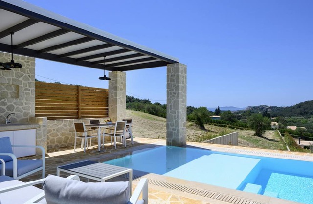 Lavish Corfu Villa | Villa Elysian View | 1 Bedroom | Spacious Furnished Terrace with Shaded Outdoor Dining Area | Private Garden, Pool and Hot Tub | Prime Location | Arillas, Mega Lithari